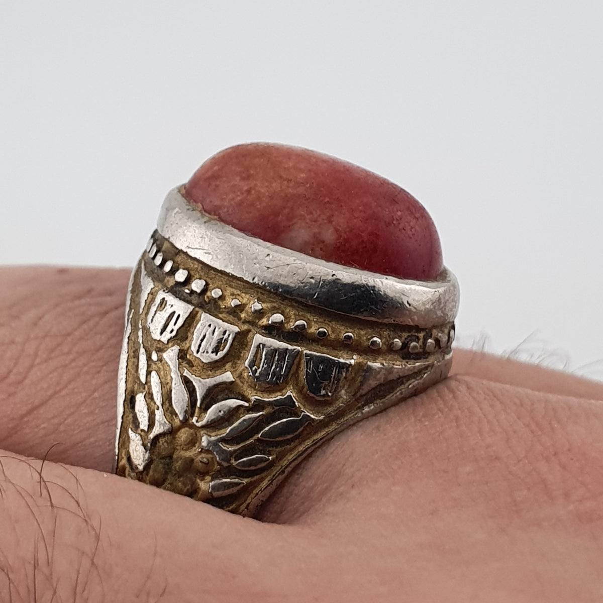 Antique Handmade Brass Ring with Natural Agate Stone Rustic