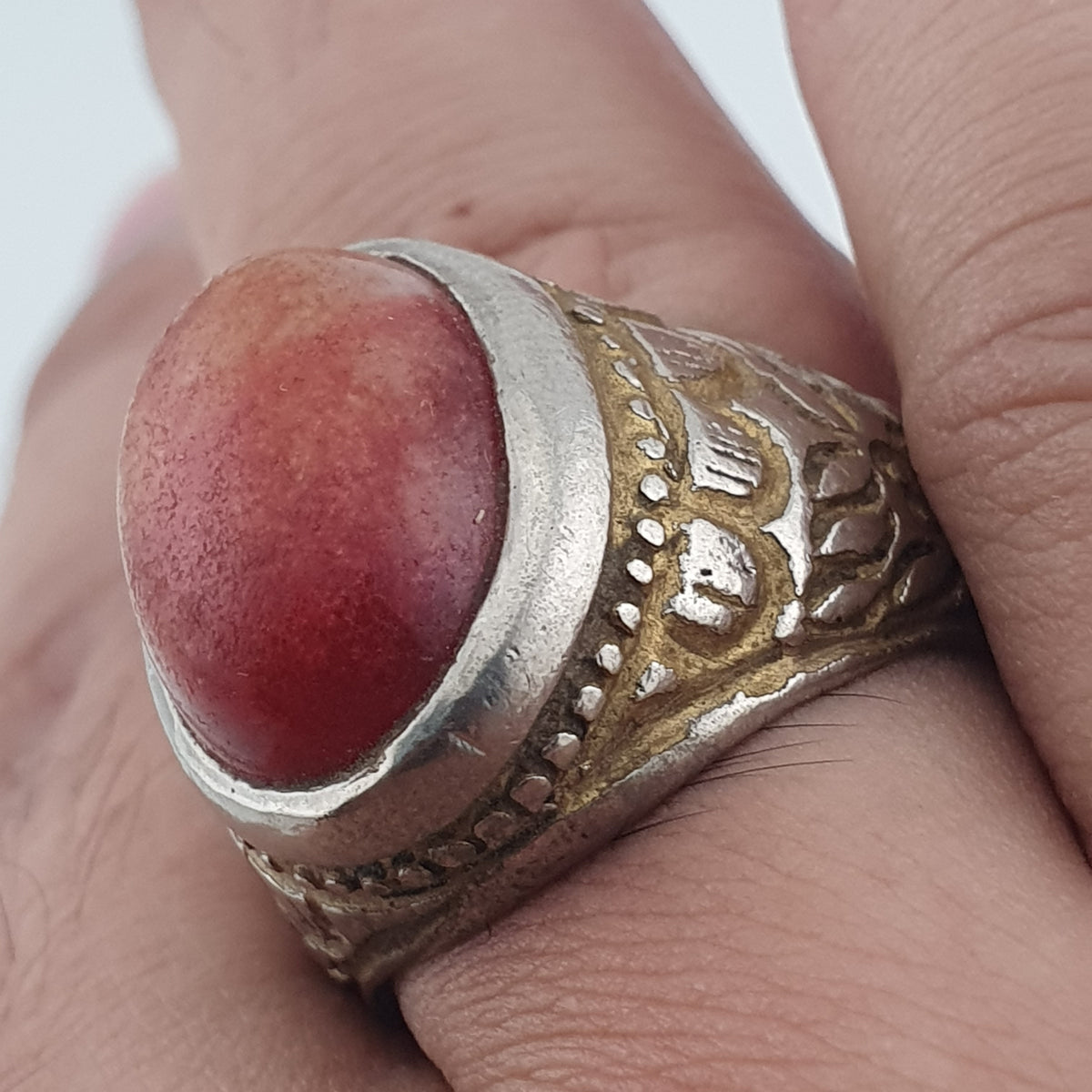 Antique Handmade Brass Ring with Natural Agate Stone Rustic