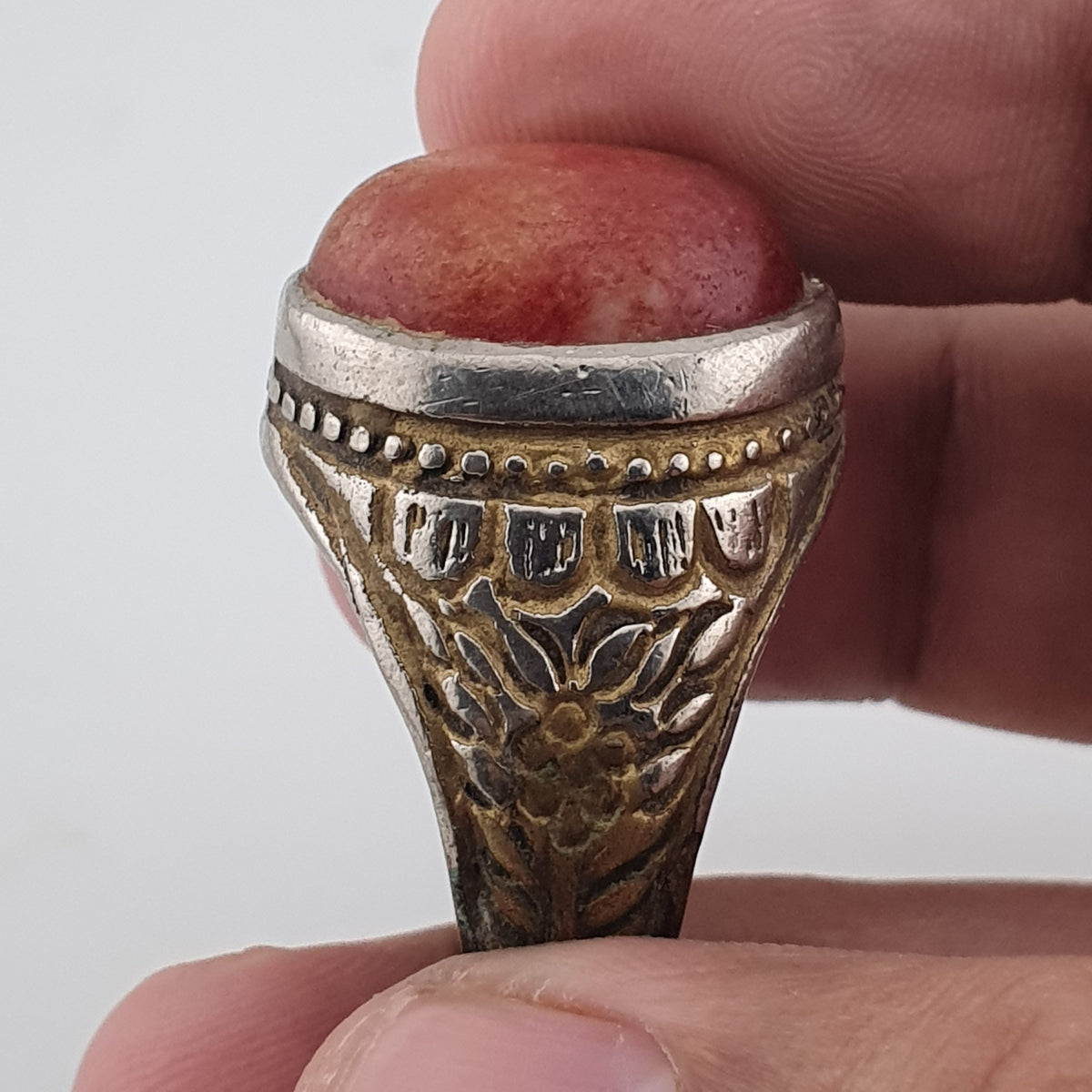 Antique Handmade Brass Ring with Natural Agate Stone Rustic
