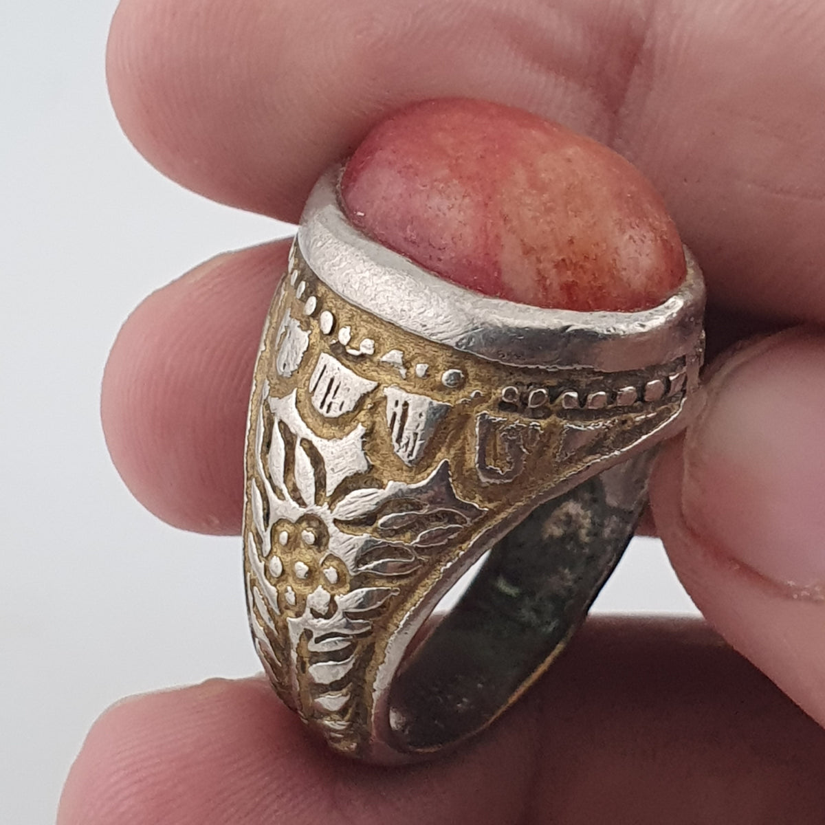 Antique Handmade Brass Ring with Natural Agate Stone Rustic