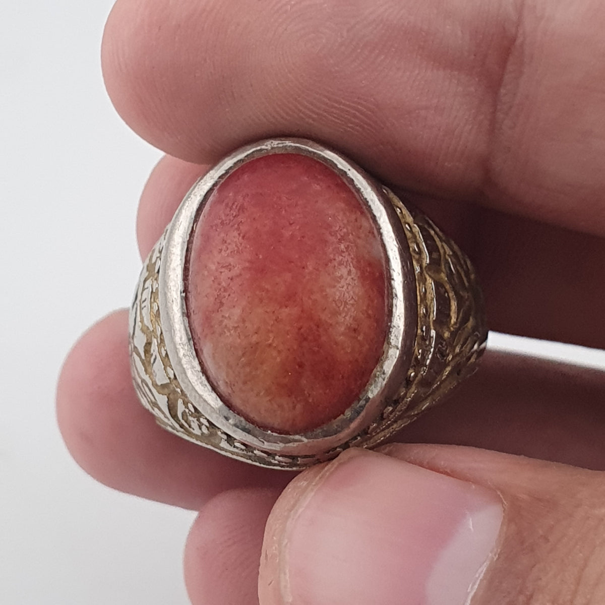 Antique Handmade Brass Ring with Natural Agate Stone Rustic