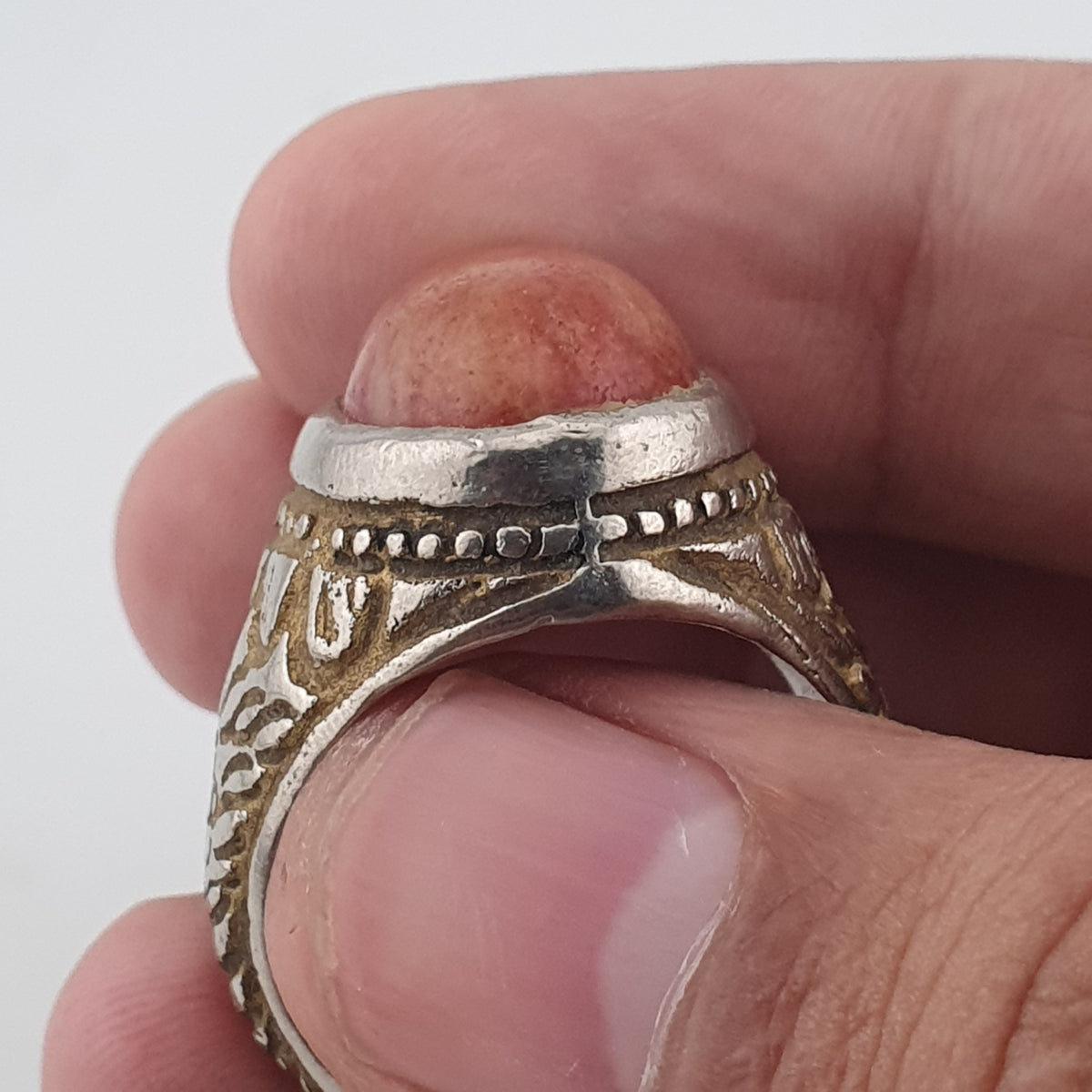 Antique Handmade Brass Ring with Natural Agate Stone Rustic