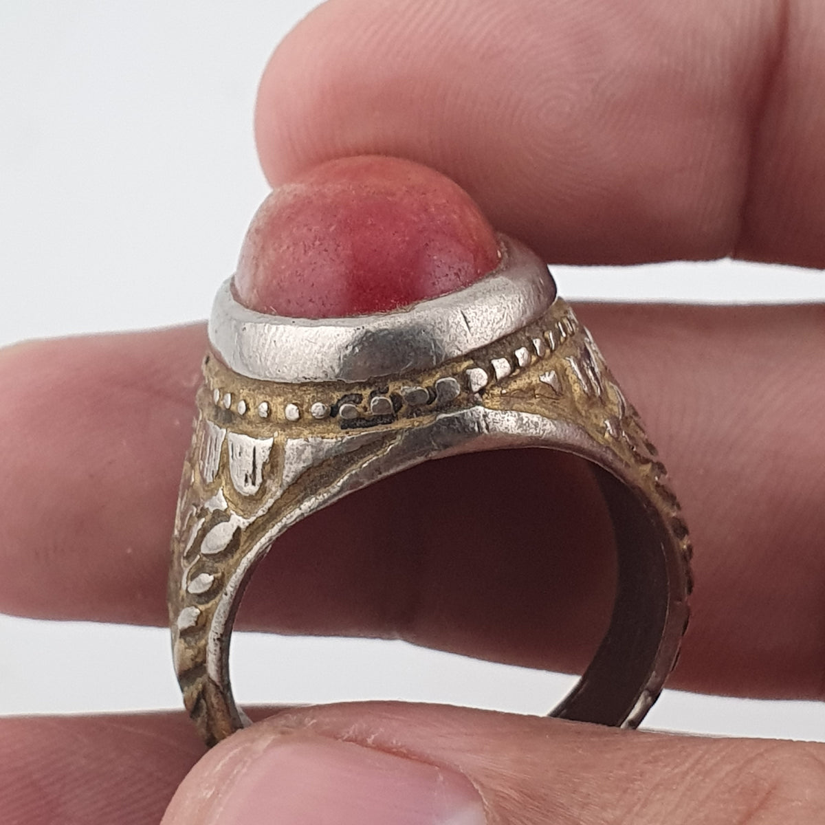 Antique Handmade Brass Ring with Natural Agate Stone Rustic