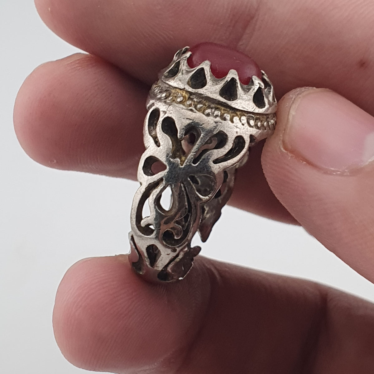 Rustic Antique Brass Ring with Zircon Stone Artisan Statement Ring