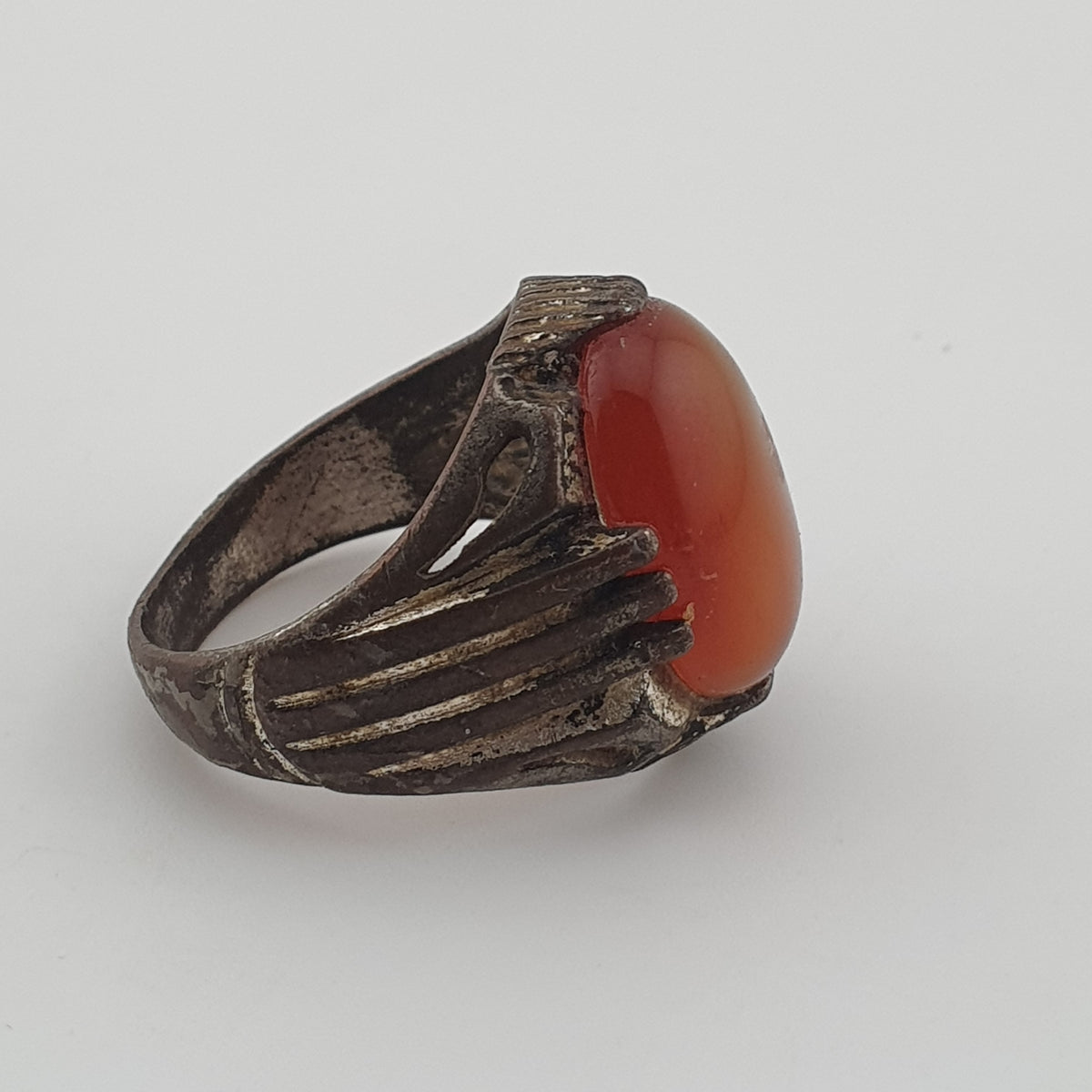 Rustic Antique Brass Ring with Agate Stone Traditional Heritage Design