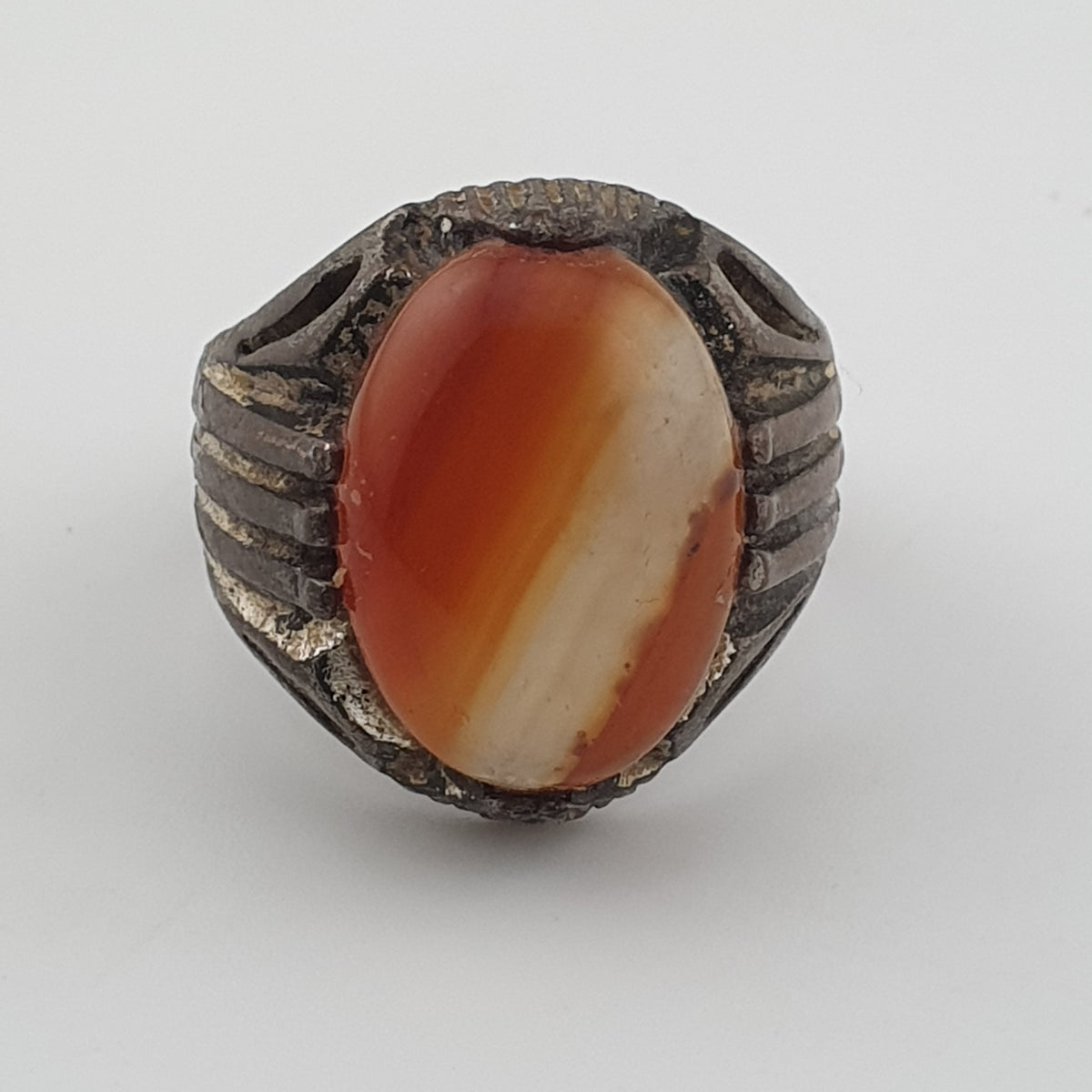 Rustic Antique Brass Ring with Agate Stone Traditional Heritage Design