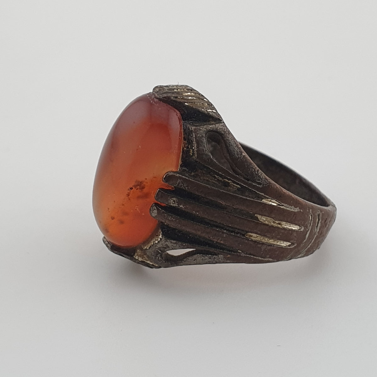 Rustic Antique Brass Ring with Agate Stone Traditional Heritage Design