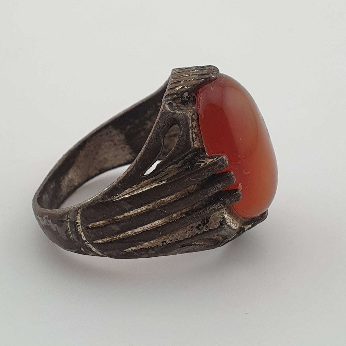 Rustic Antique Brass Ring with Agate Stone Traditional Heritage Design