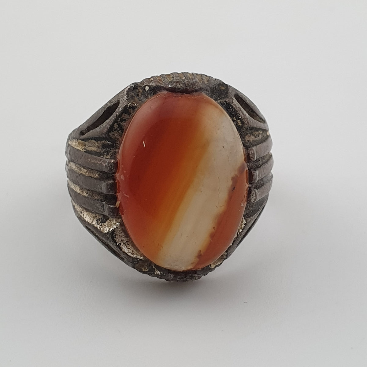 Rustic Antique Brass Ring with Agate Stone Traditional Heritage Design