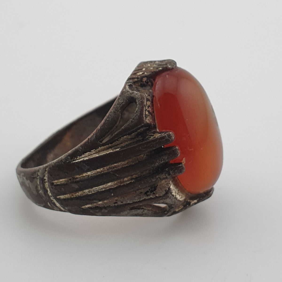 Rustic Antique Brass Ring with Agate Stone Traditional Heritage Design