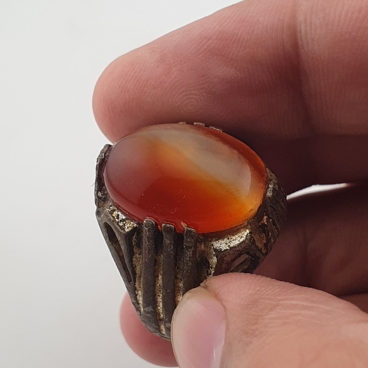 Rustic Antique Brass Ring with Agate Stone Traditional Heritage Design