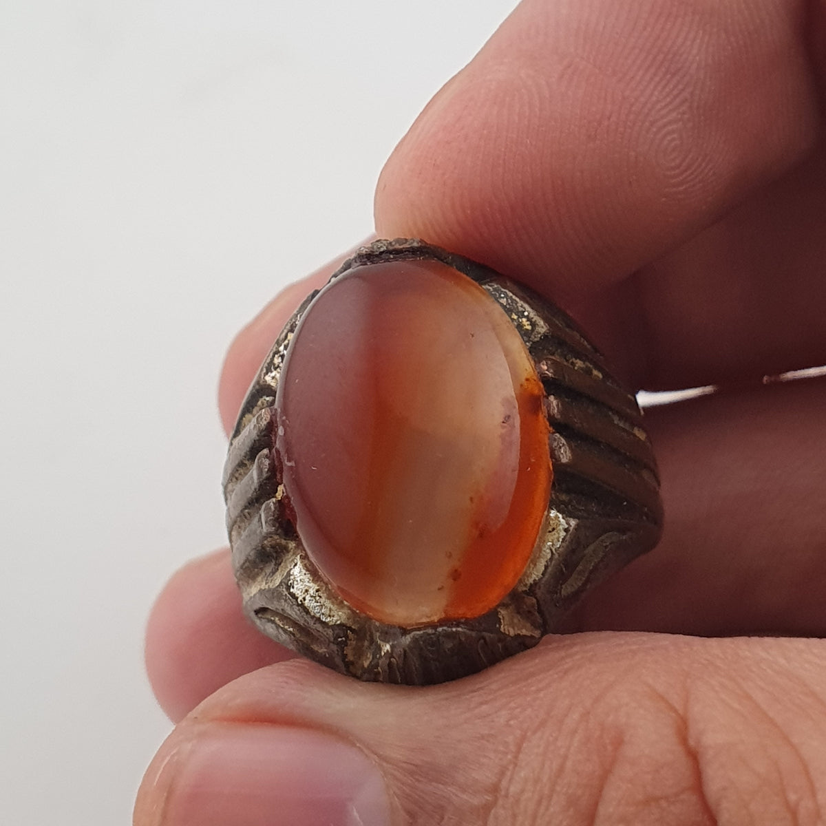 Rustic Antique Brass Ring with Agate Stone Traditional Heritage Design