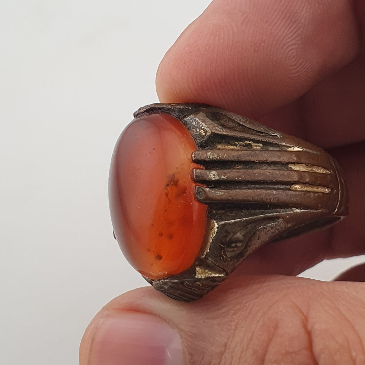Rustic Antique Brass Ring with Agate Stone Traditional Heritage Design
