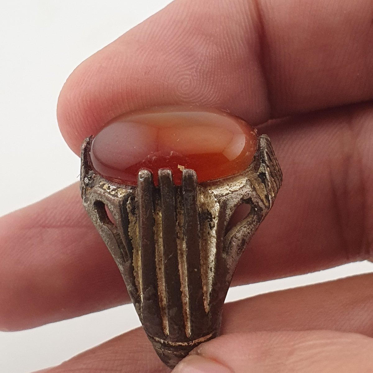 Rustic Antique Brass Ring with Agate Stone Traditional Heritage Design