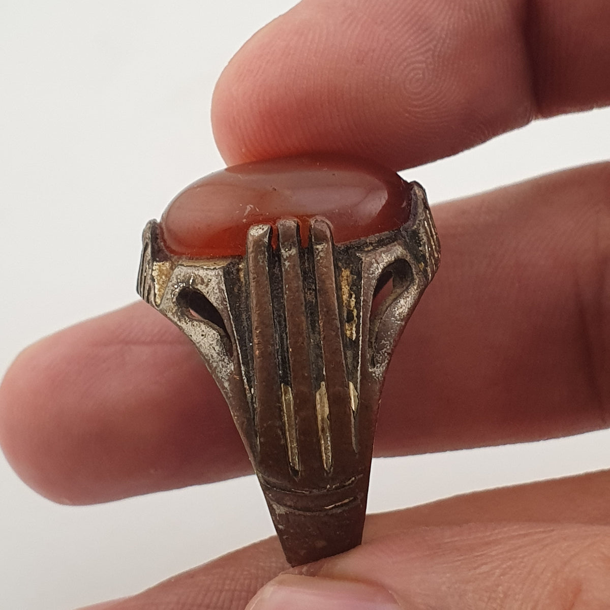 Rustic Antique Brass Ring with Agate Stone Traditional Heritage Design