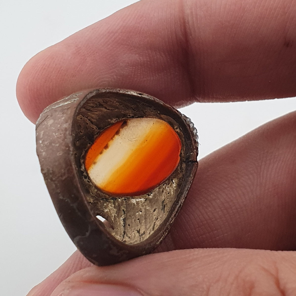 Rustic Antique Brass Ring with Agate Stone Traditional Heritage Design