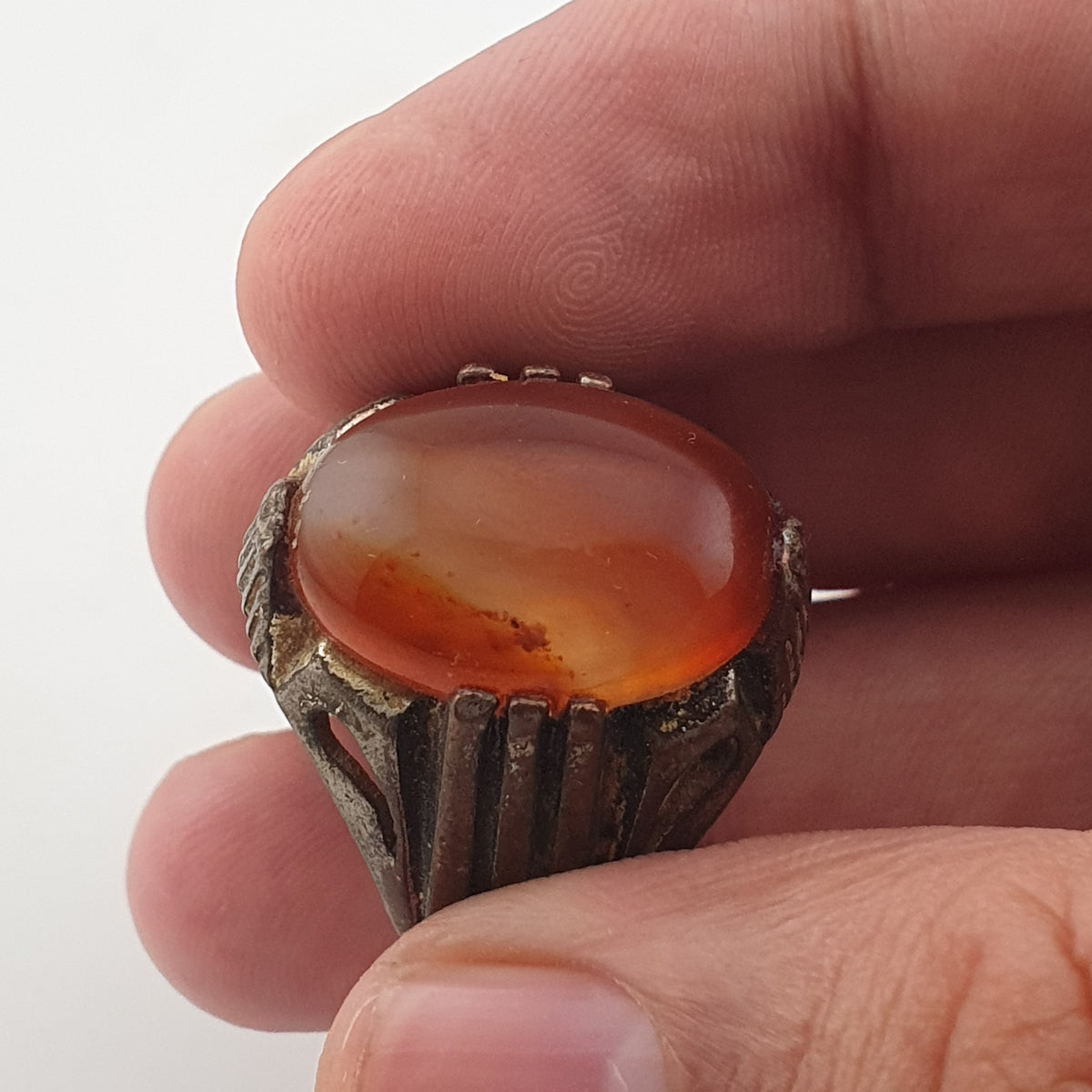 Rustic Antique Brass Ring with Agate Stone Traditional Heritage Design