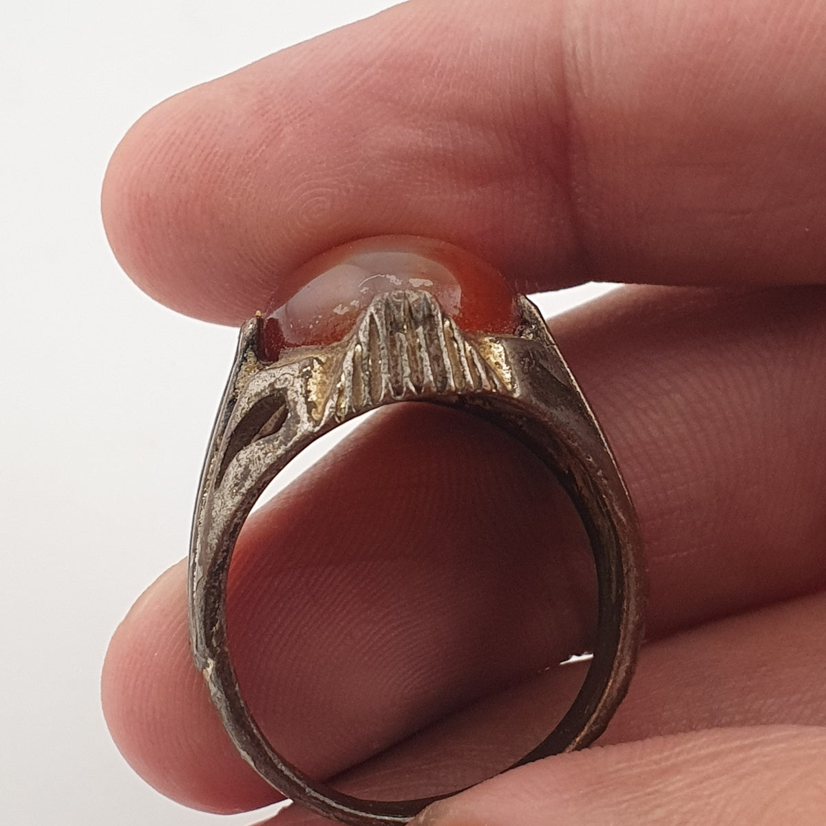 Rustic Antique Brass Ring with Agate Stone Traditional Heritage Design