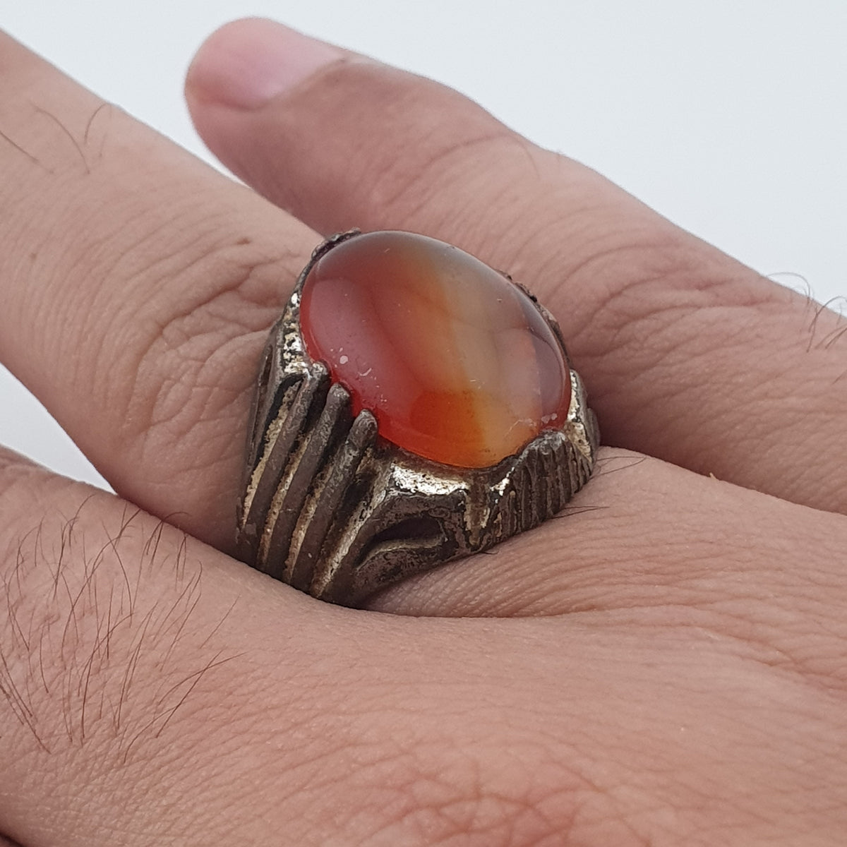 Rustic Antique Brass Ring with Agate Stone Traditional Heritage Design