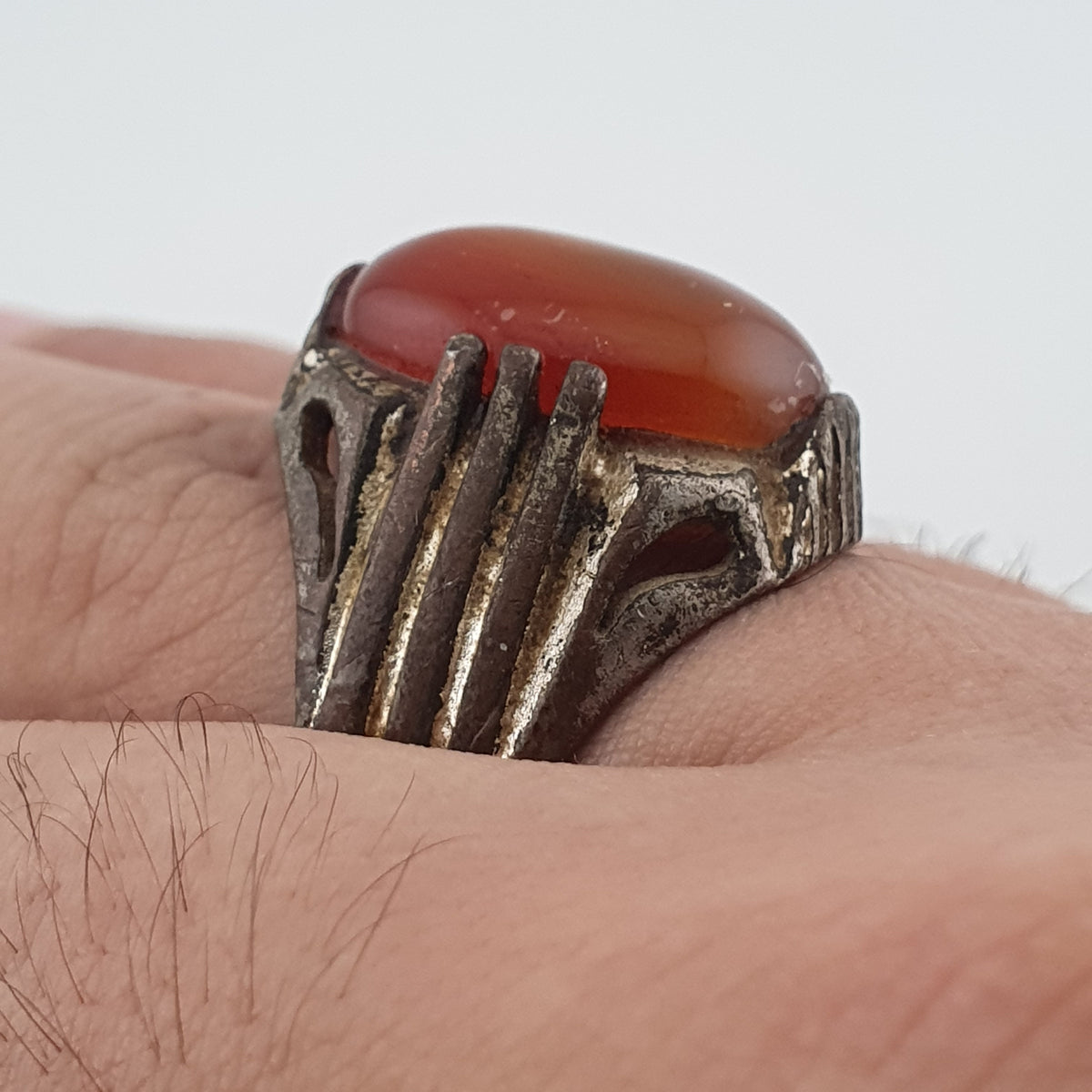 Rustic Antique Brass Ring with Agate Stone Traditional Heritage Design