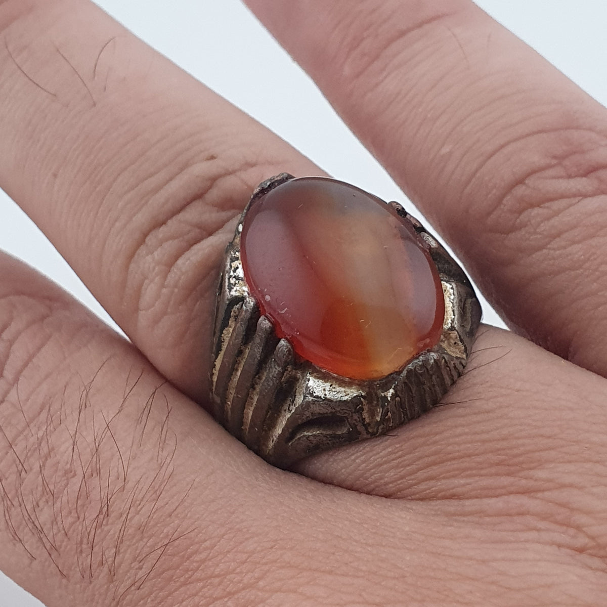 Rustic Antique Brass Ring with Agate Stone Traditional Heritage Design
