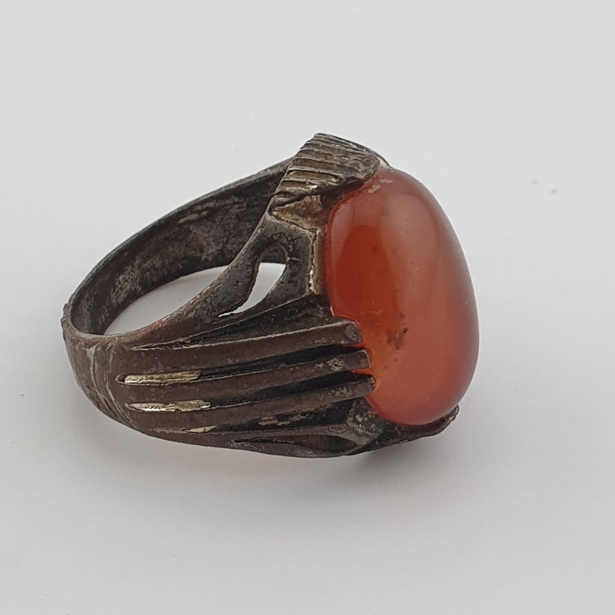 Rustic Antique Brass Ring with Agate Stone Traditional Heritage Design
