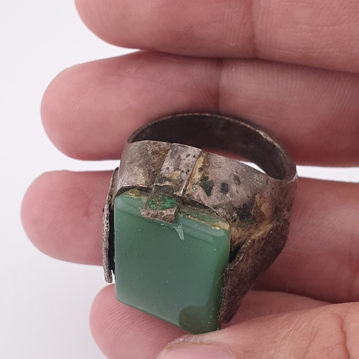 Handmade Brass Ring with Jade Stone Antique Rustic Boho Design