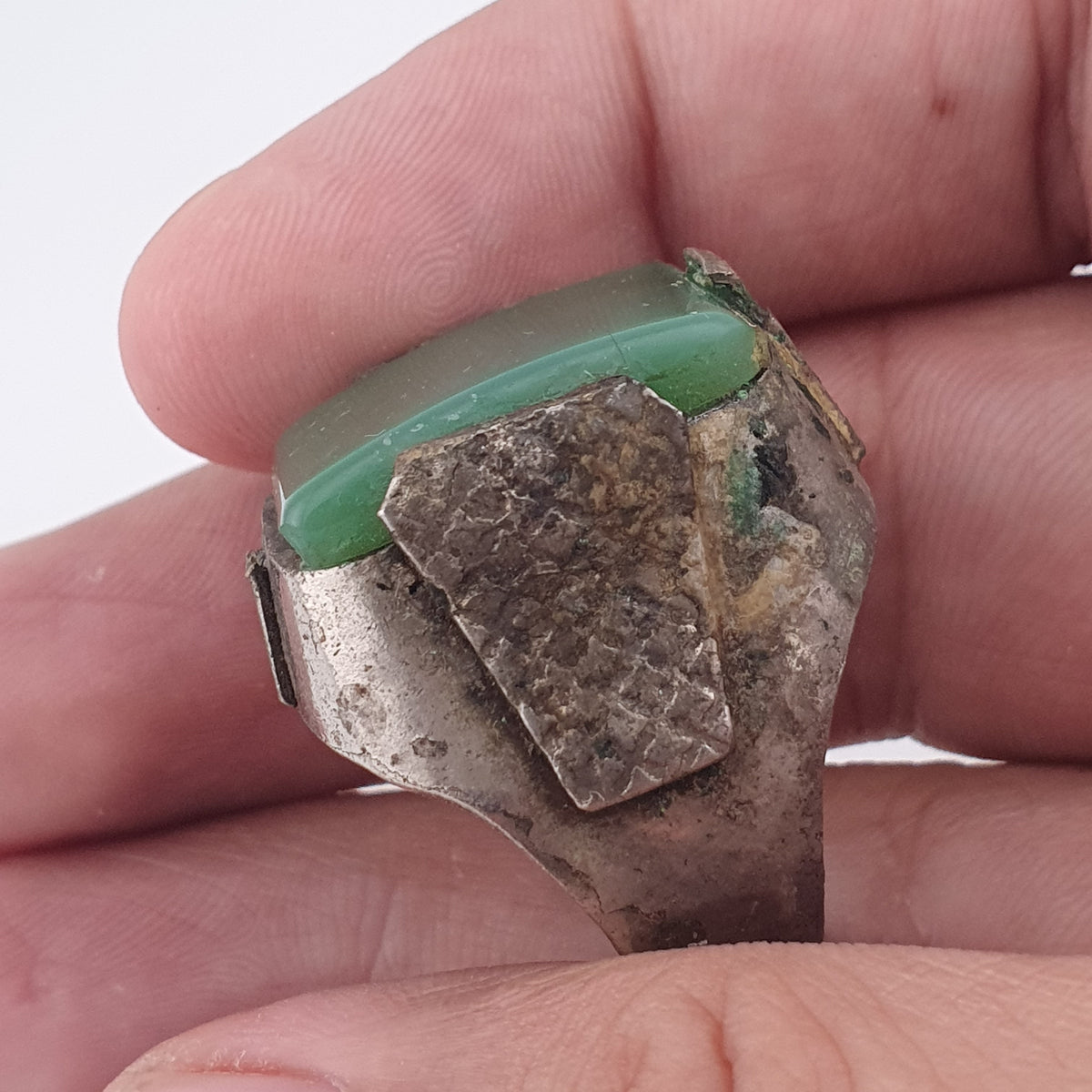 Handmade Brass Ring with Jade Stone Antique Rustic Boho Design