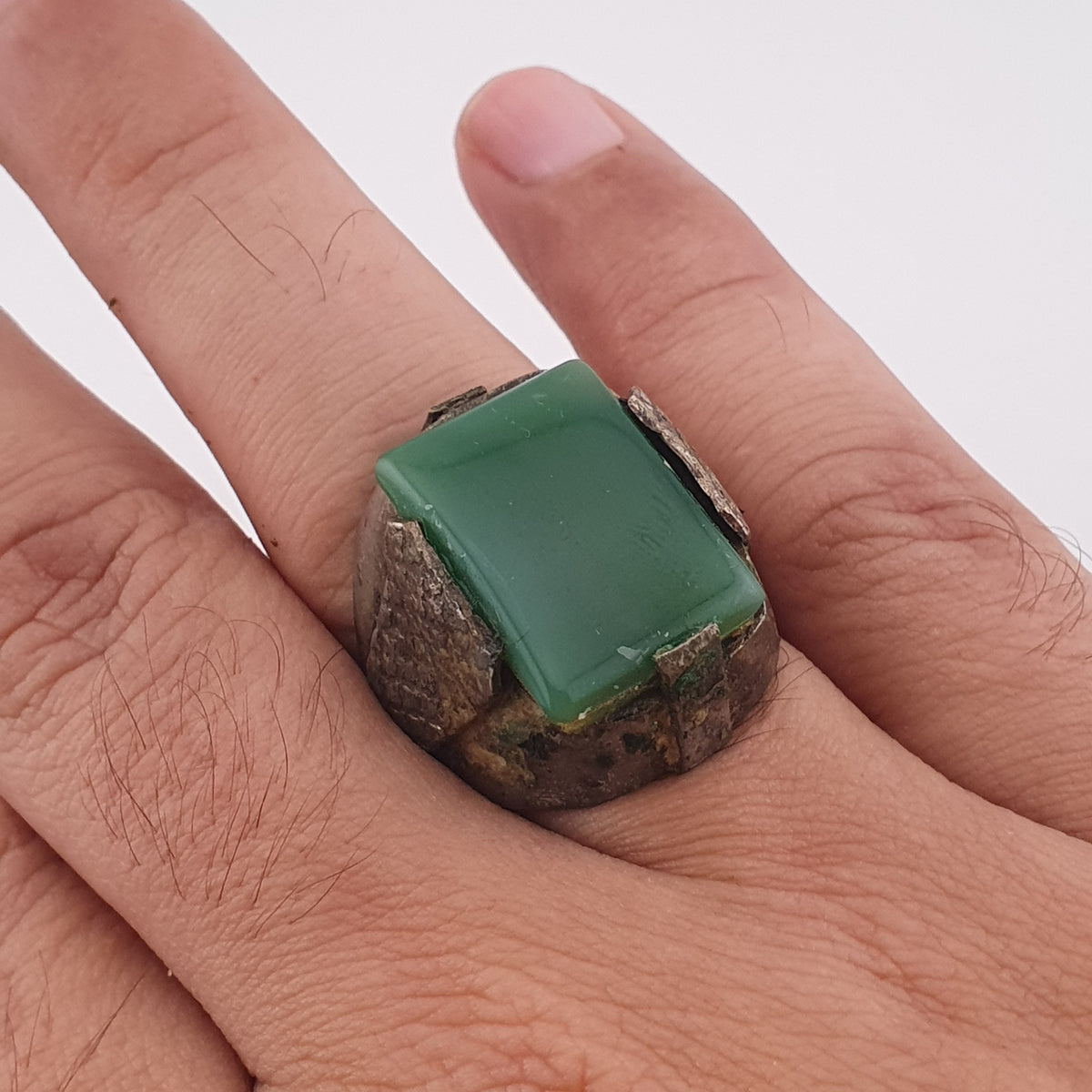 Handmade Brass Ring with Jade Stone Antique Rustic Boho Design