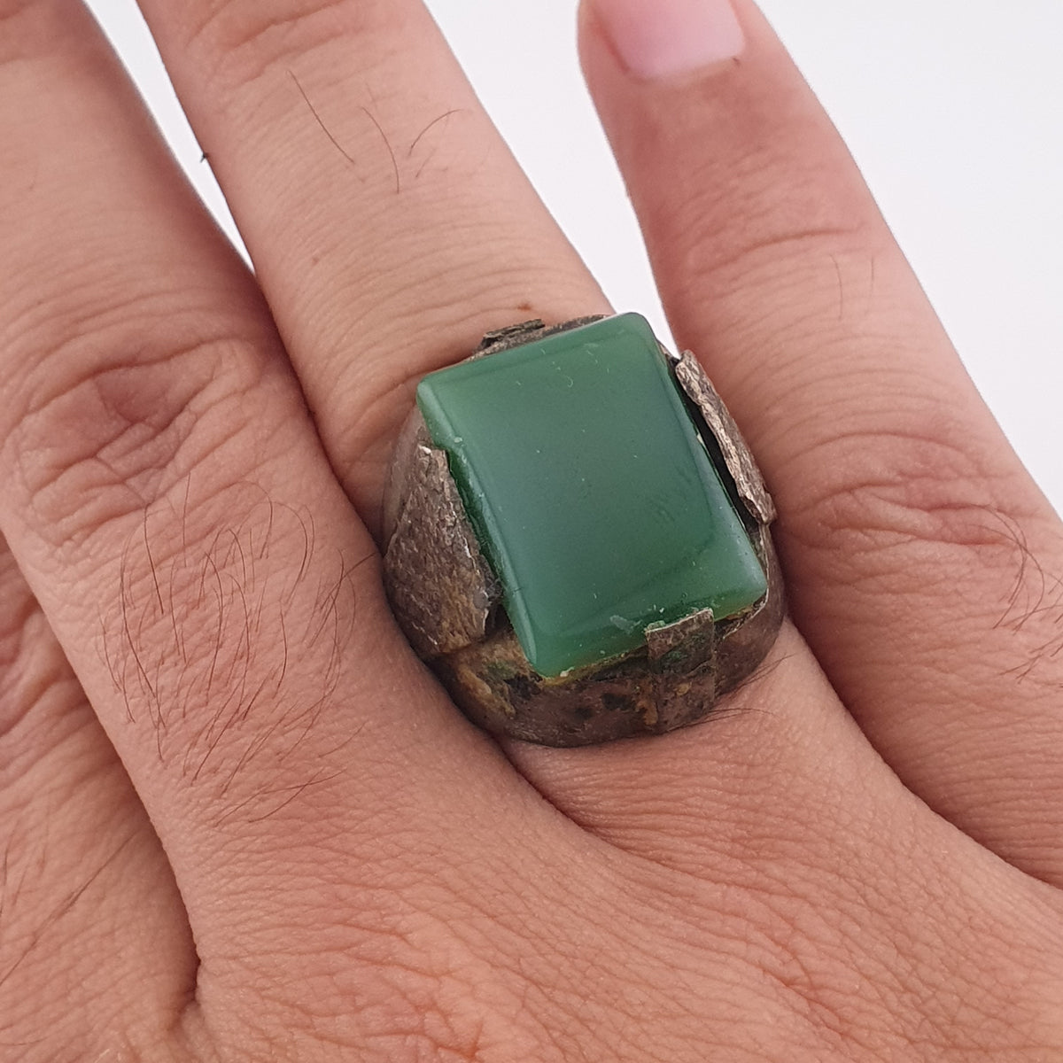 Handmade Brass Ring with Jade Stone Antique Rustic Boho Design