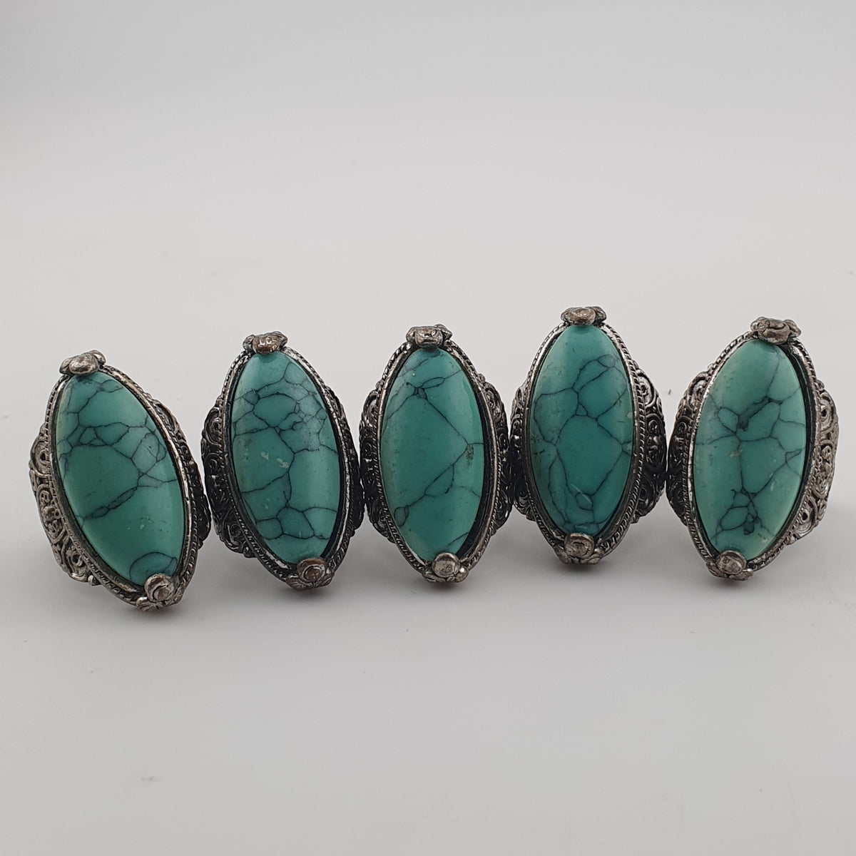 Antique Style Lot of 5 Brass Rings with Turquoise Howlite Stones