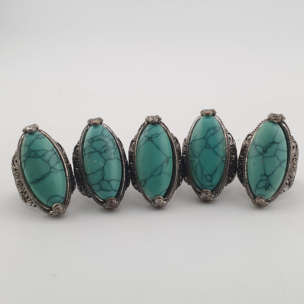 Antique Style Lot of 5 Brass Rings with Turquoise Howlite Stones