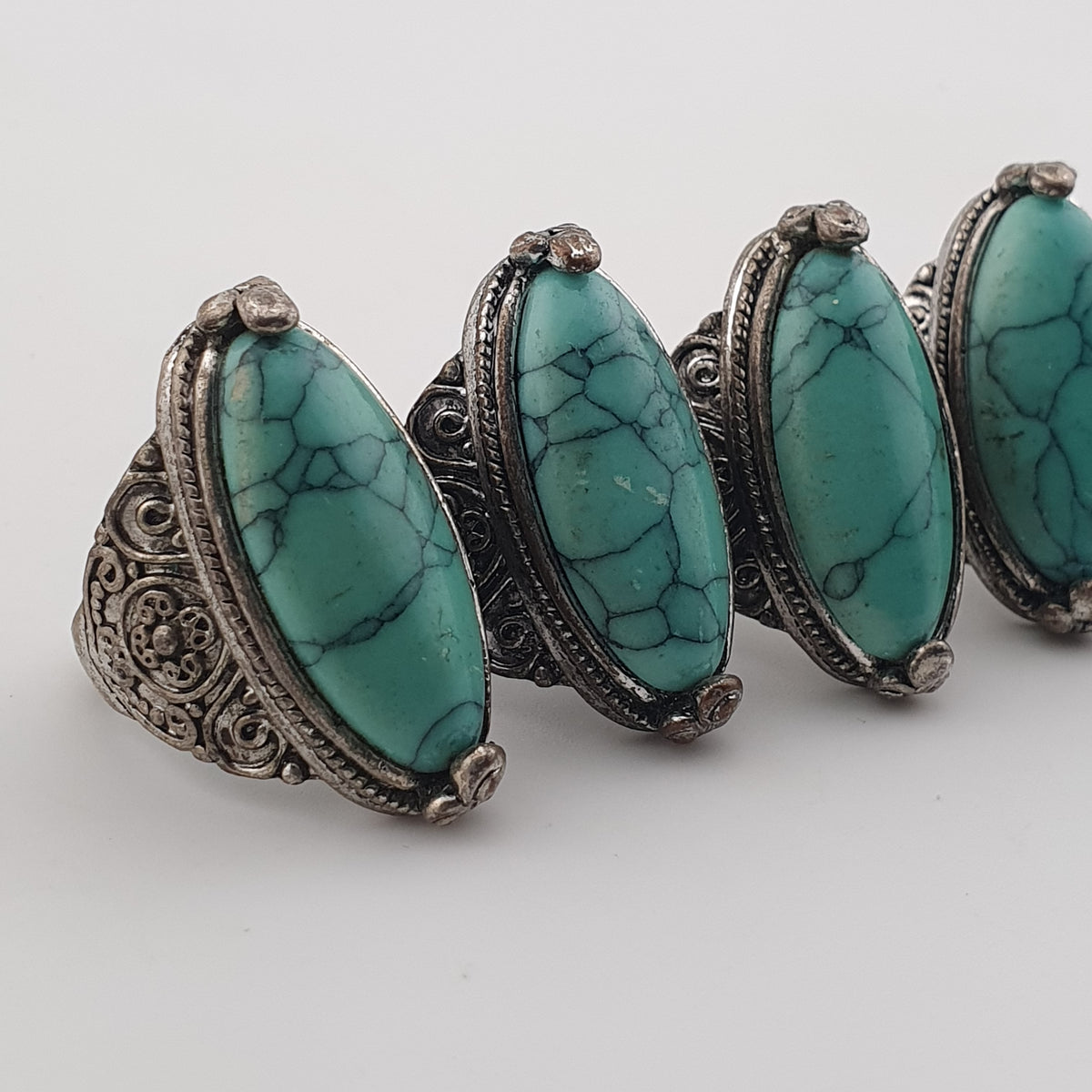 Antique Style Lot of 5 Brass Rings with Turquoise Howlite Stones