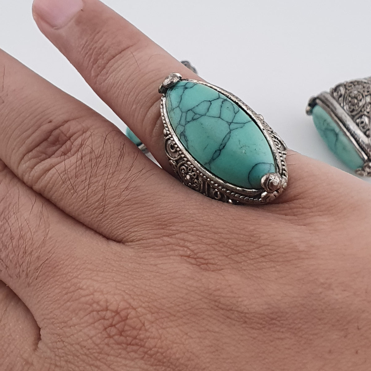 Antique Style Lot of 5 Brass Rings with Turquoise Howlite Stones