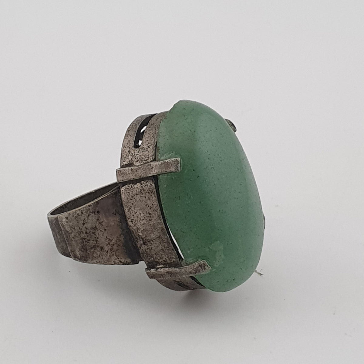 Antique Chunky Brass Ring with Oversized Jade Gemstone