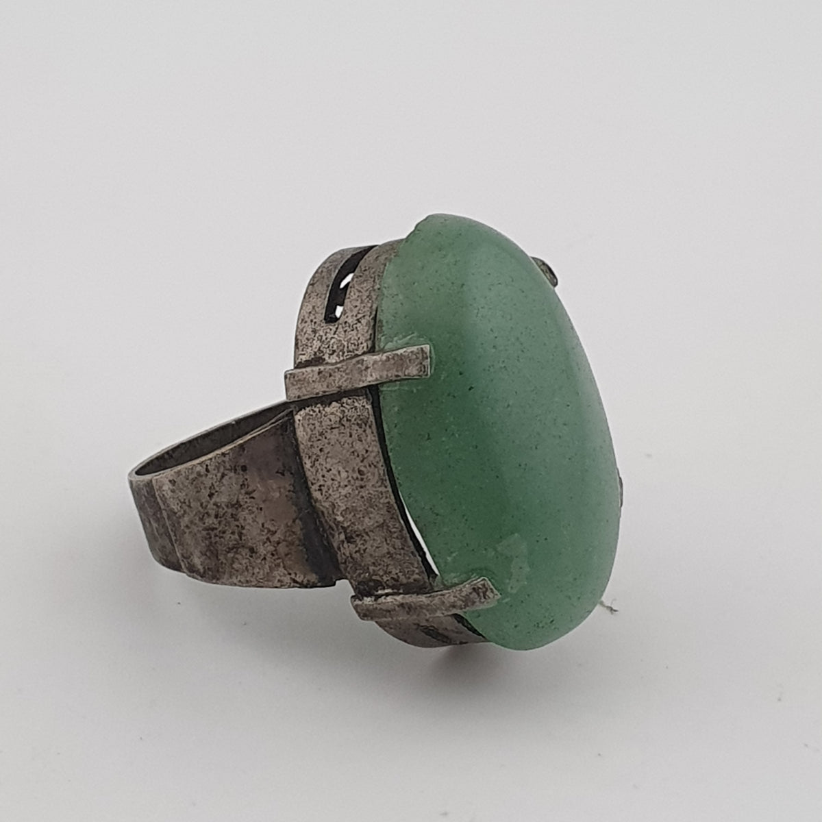 Antique Chunky Brass Ring with Oversized Jade Gemstone