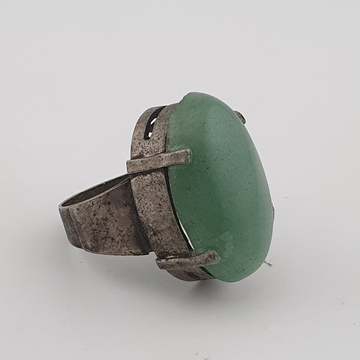 Antique Chunky Brass Ring with Oversized Jade Gemstone