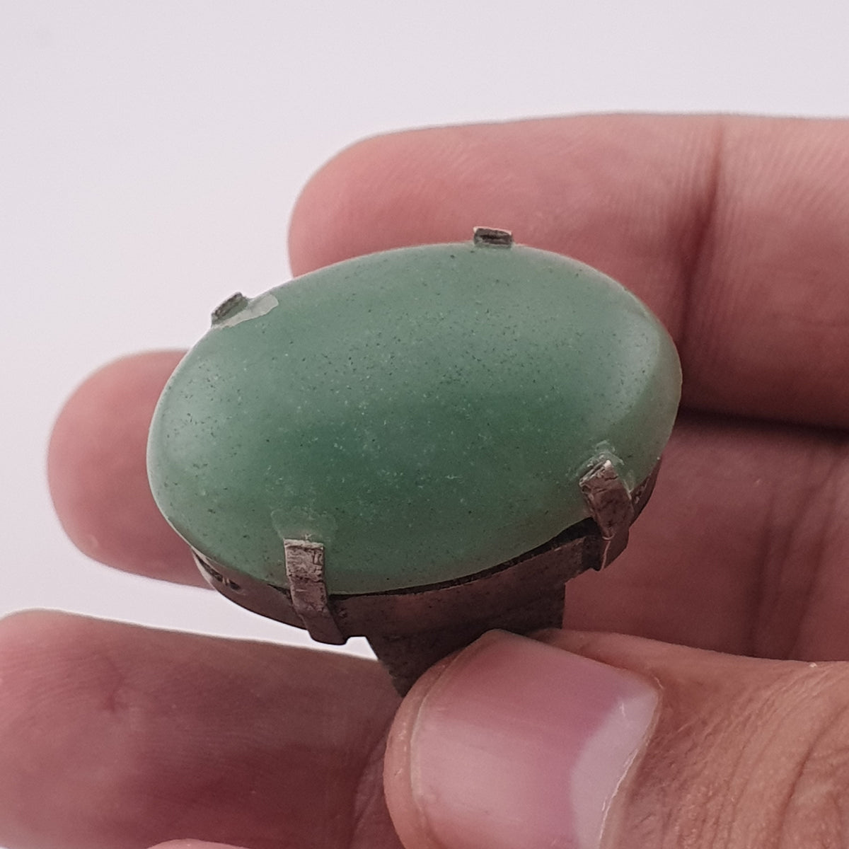 Antique Chunky Brass Ring with Oversized Jade Gemstone