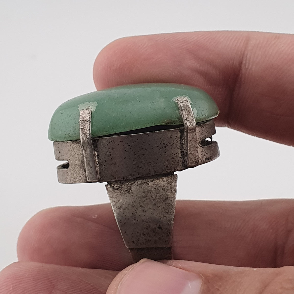 Antique Chunky Brass Ring with Oversized Jade Gemstone