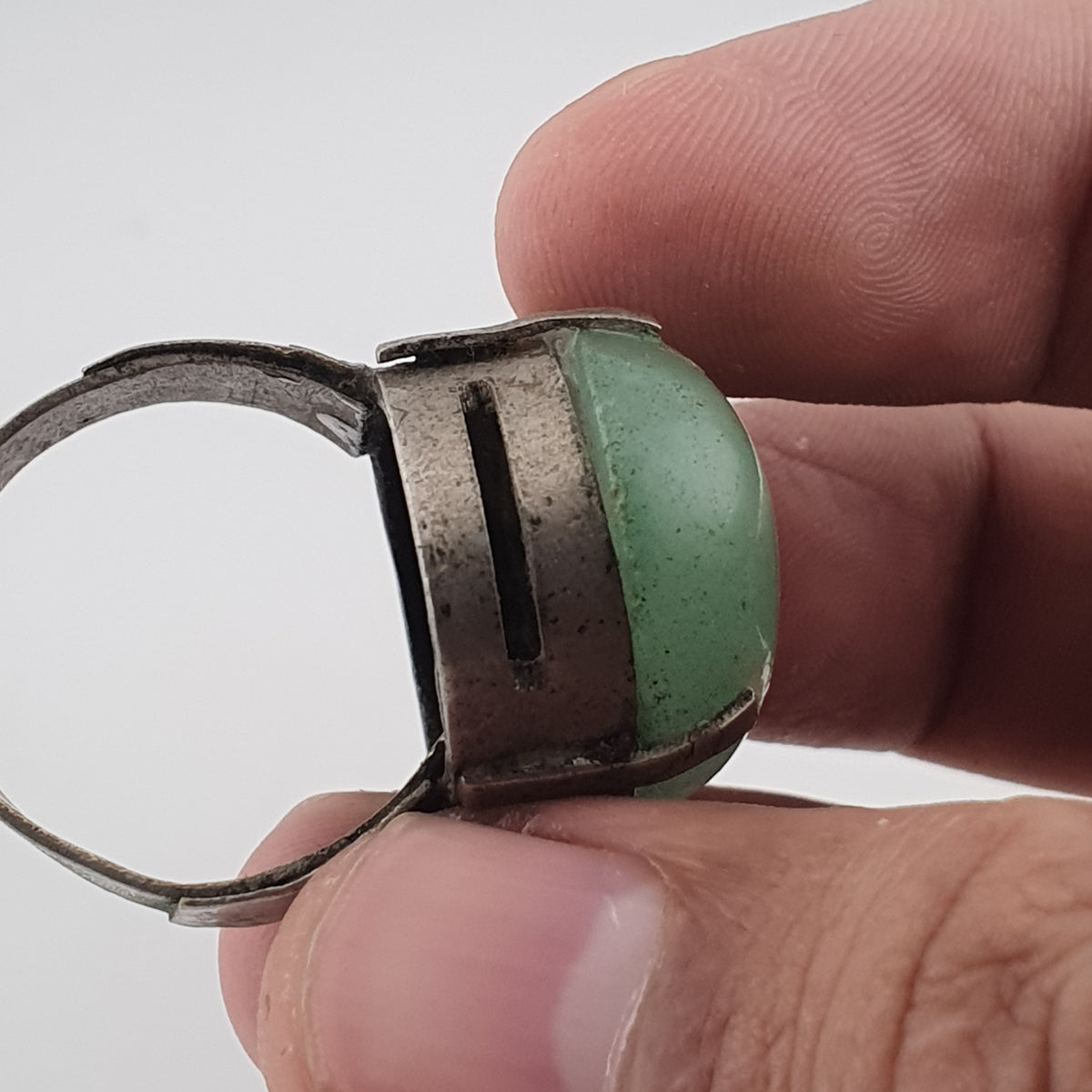 Antique Chunky Brass Ring with Oversized Jade Gemstone
