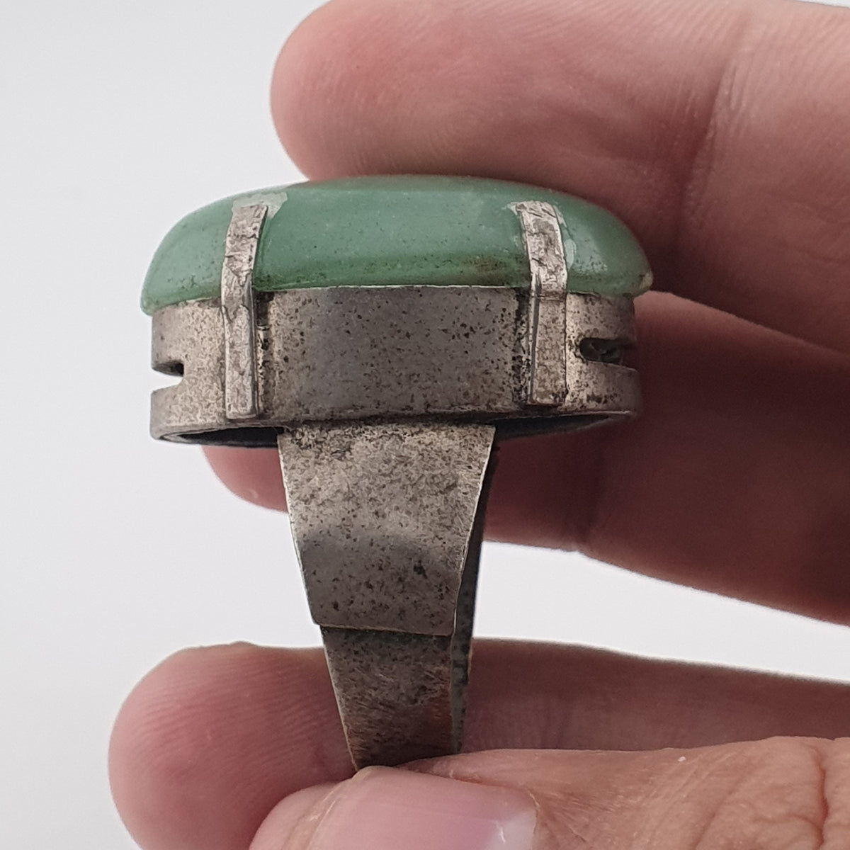 Antique Chunky Brass Ring with Oversized Jade Gemstone