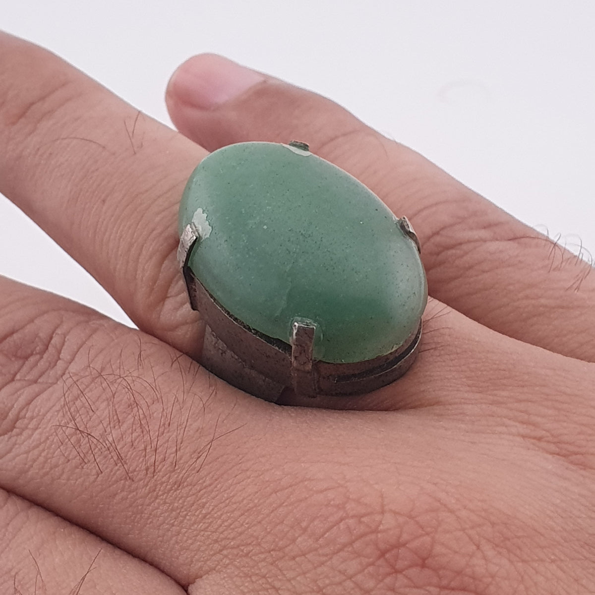 Antique Chunky Brass Ring with Oversized Jade Gemstone