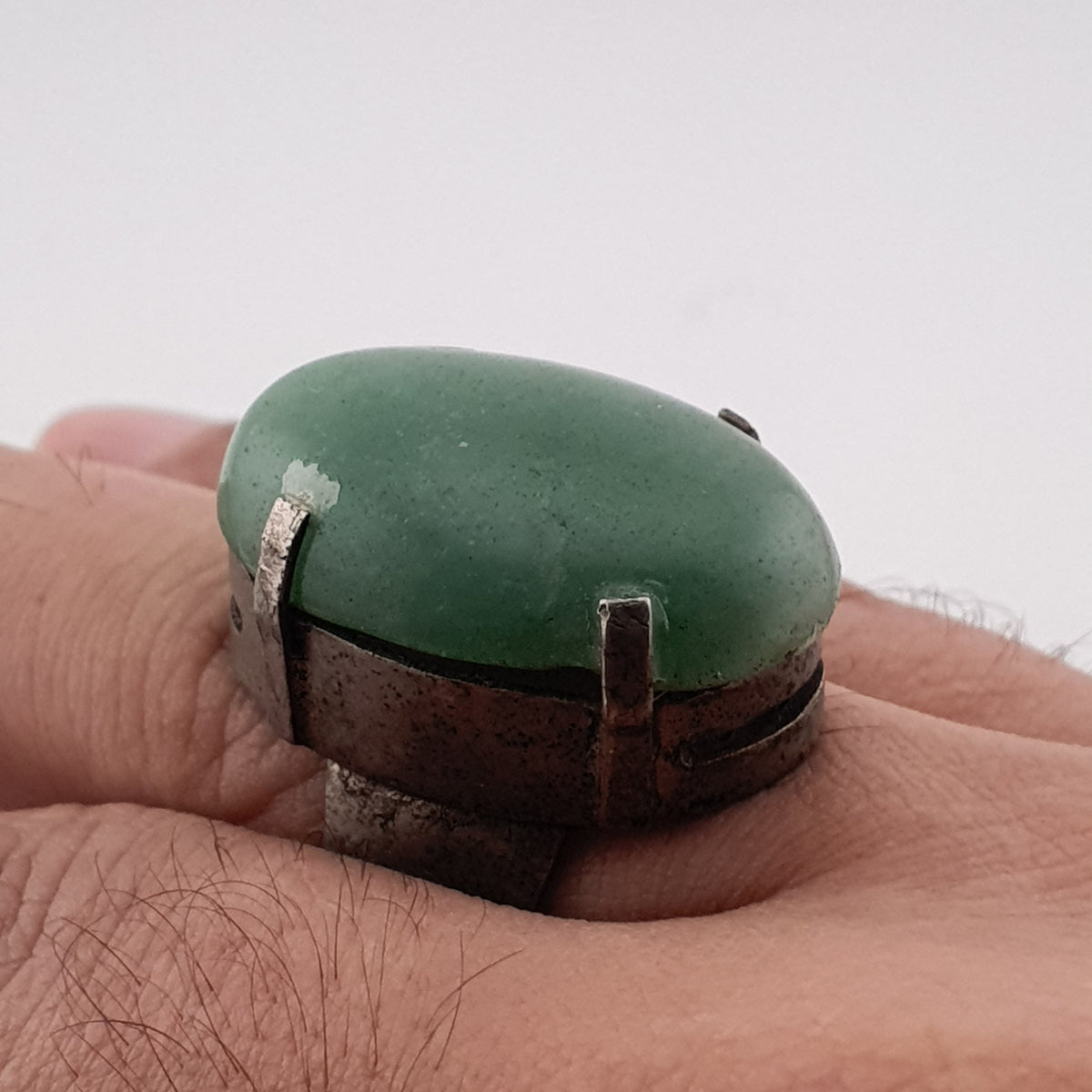 Antique Chunky Brass Ring with Oversized Jade Gemstone