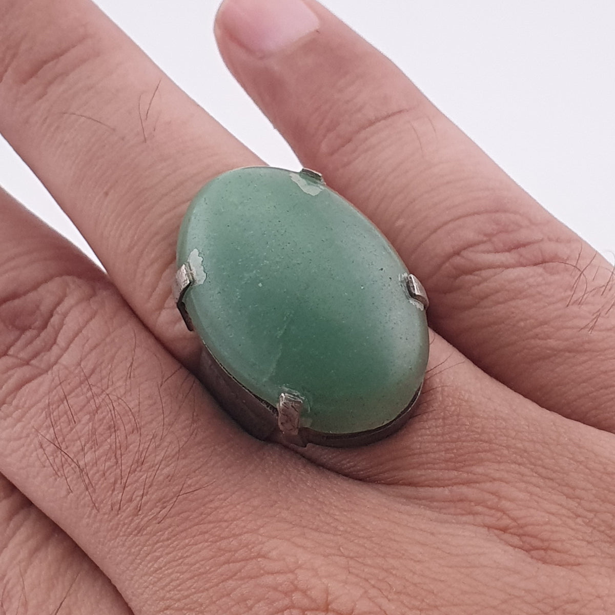 Antique Chunky Brass Ring with Oversized Jade Gemstone