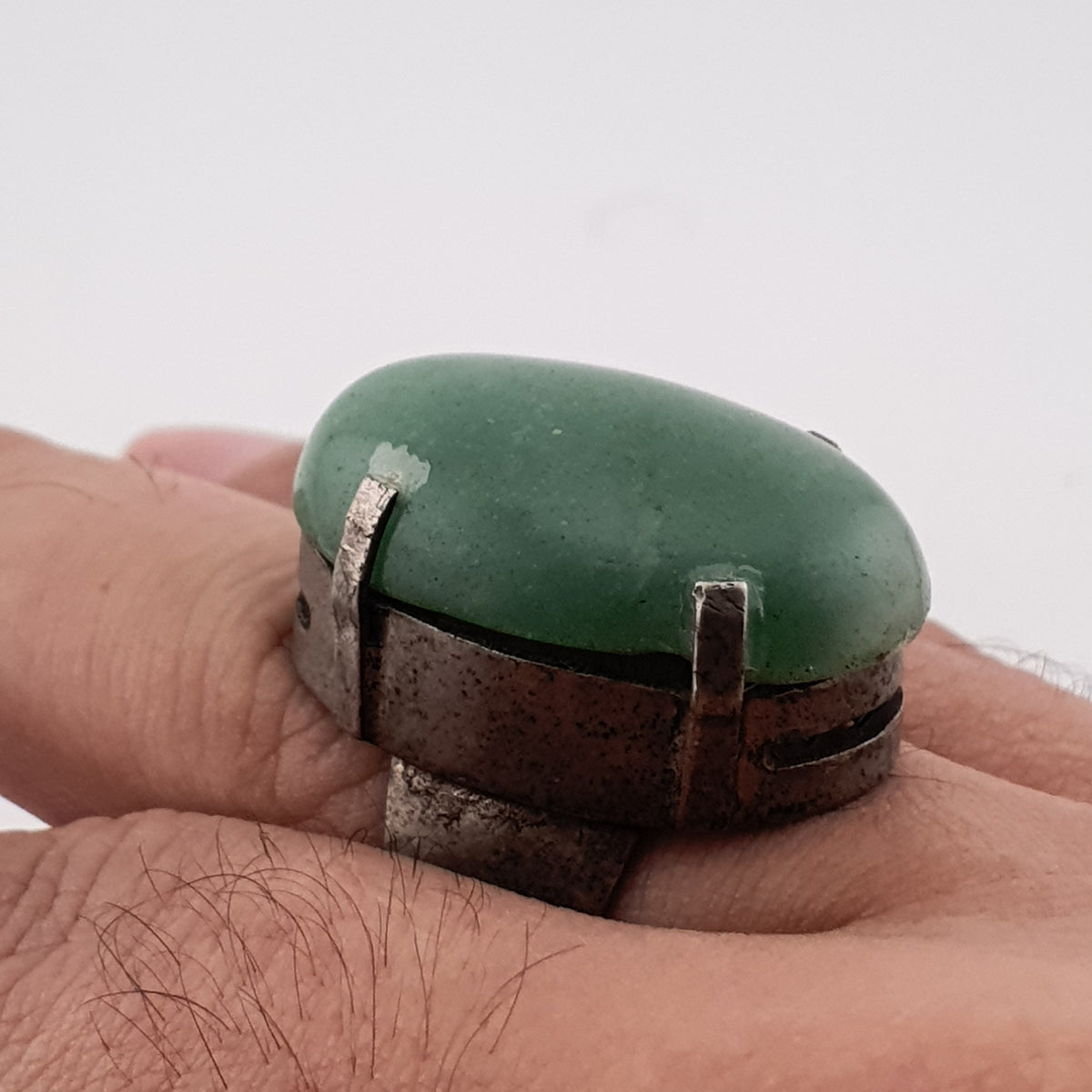 Antique Chunky Brass Ring with Oversized Jade Gemstone