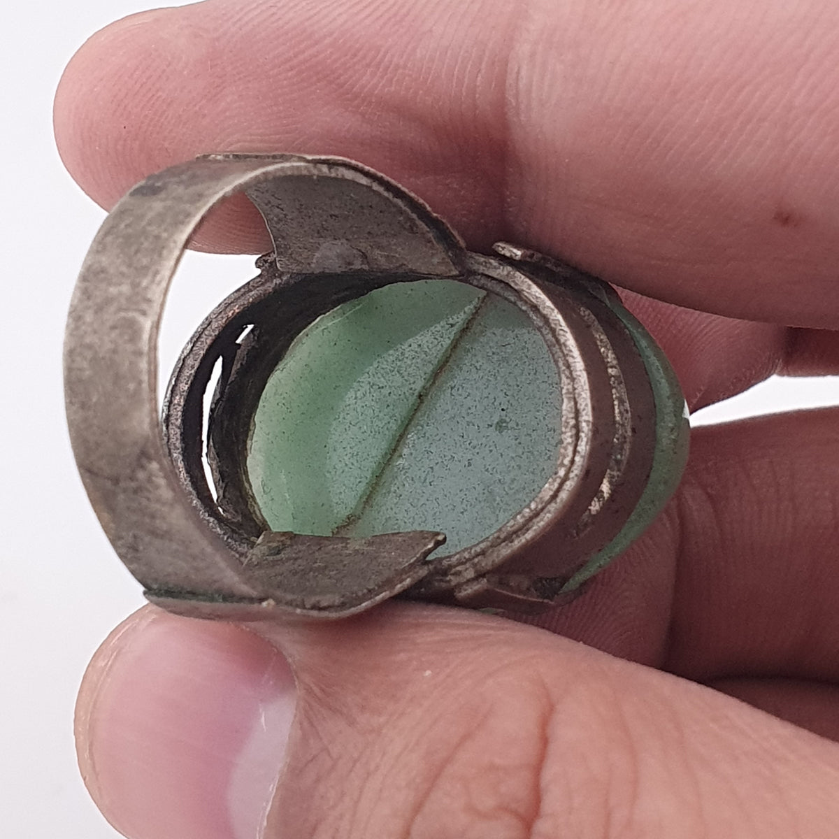 Antique Chunky Brass Ring with Oversized Jade Gemstone