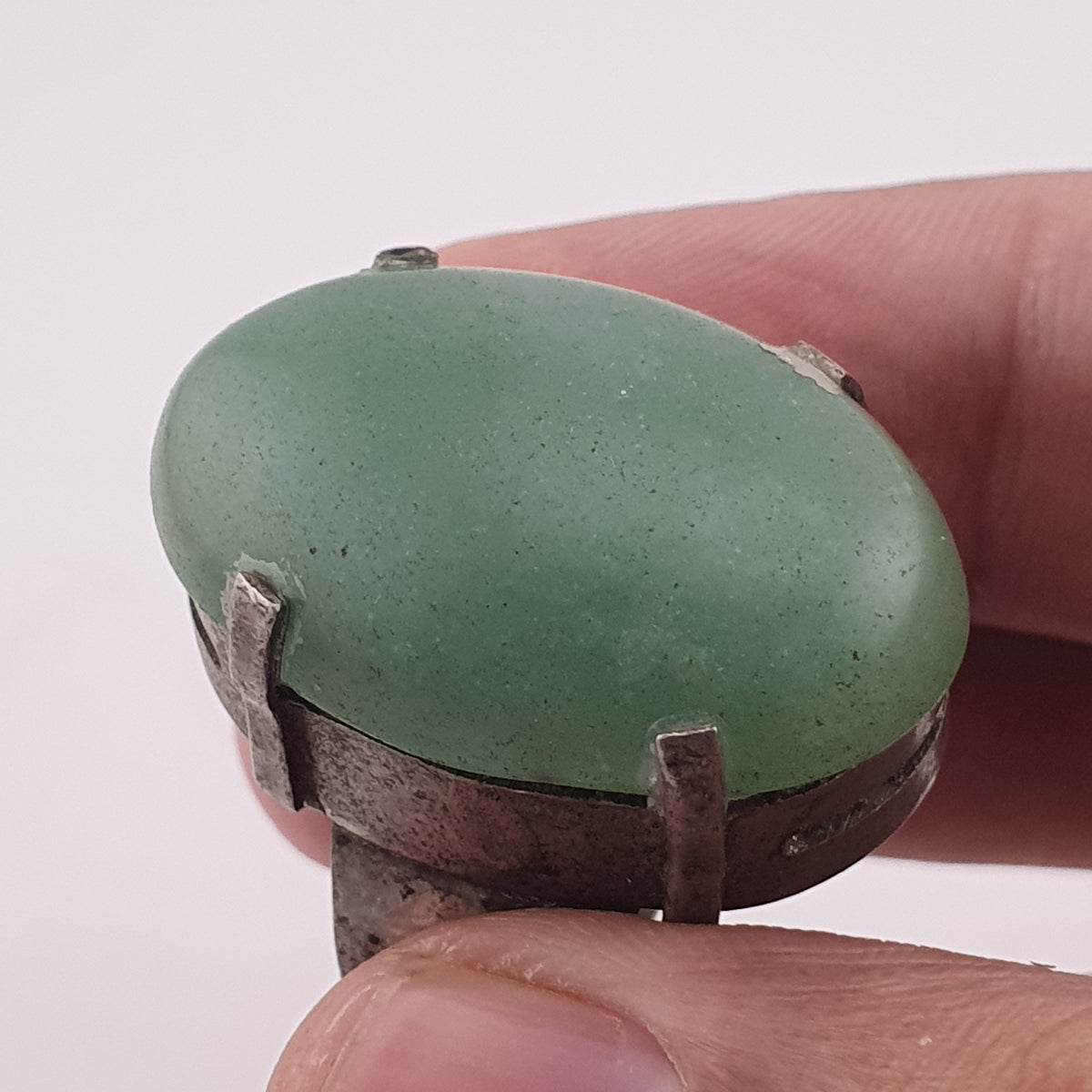 Antique Chunky Brass Ring with Oversized Jade Gemstone