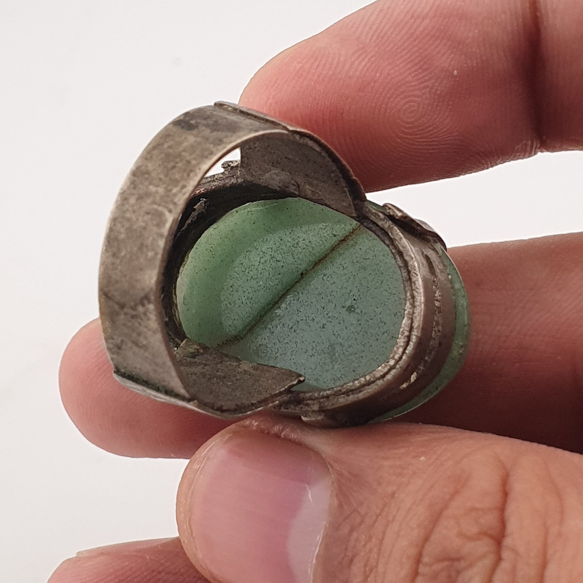 Antique Chunky Brass Ring with Oversized Jade Gemstone