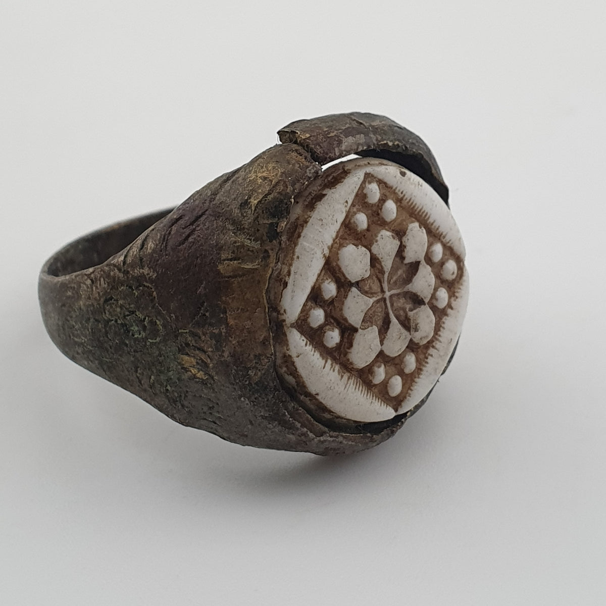 Ancient Inspired Brass Ring with Hand Carved Bone Inlay