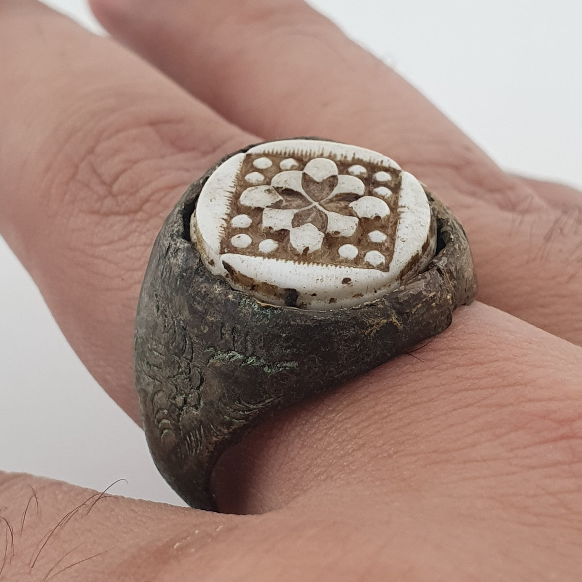 Ancient Inspired Brass Ring with Hand Carved Bone Inlay